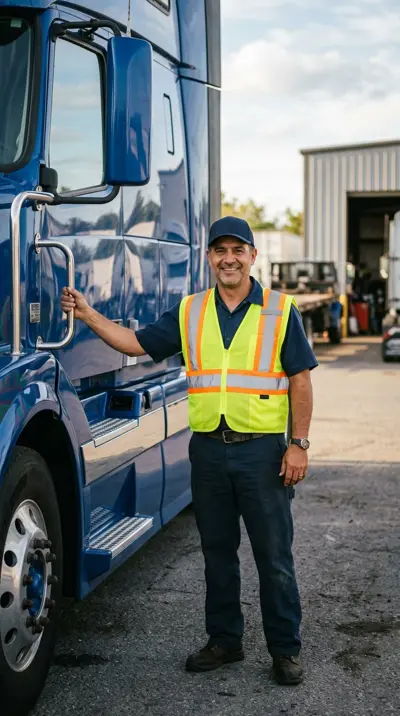 Truck driver beside a blue semi truck