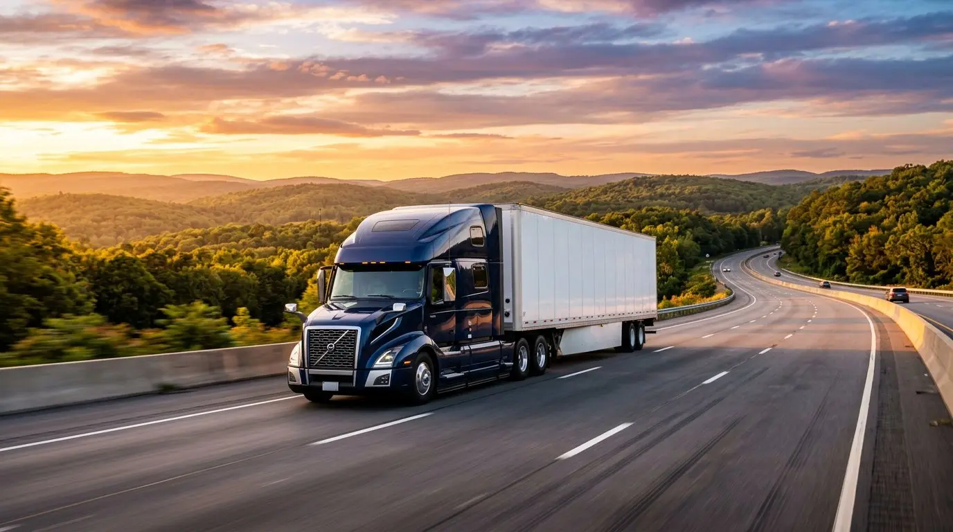 Navy blue semi truck driving on an interstate highway at sunset